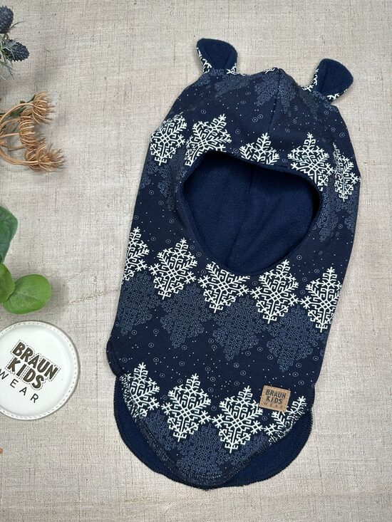 Ziemas ķivercepure ar lāča austiņām - Tumši zila ar Austras koka rakstu un tumši zilu flīsa oderi